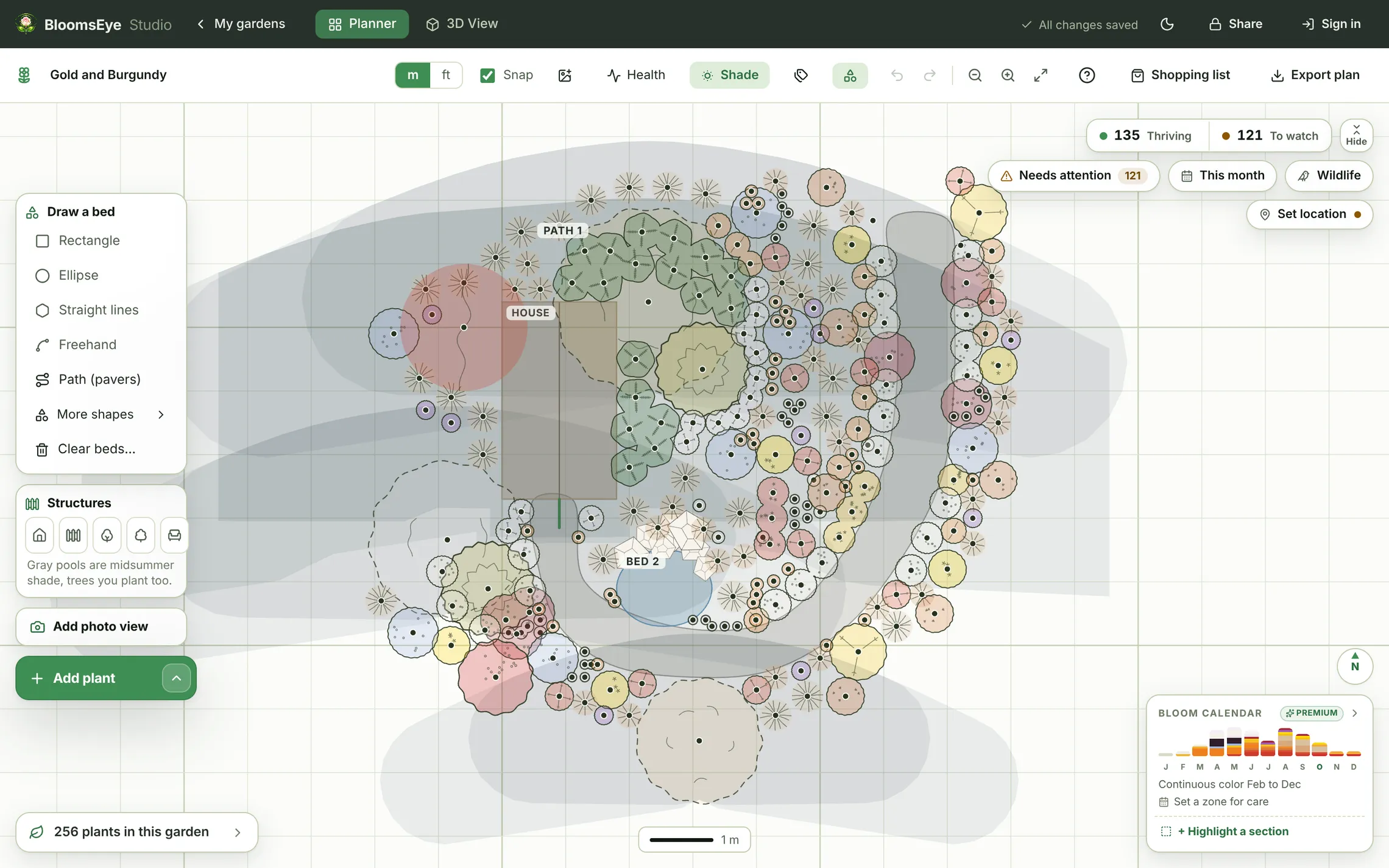 The BloomsEye Studio planner with the Gold and Burgundy garden open: the drawing tools and structures panels on the left, the plan with its symbols in the middle, and the Garden Check panel on the right