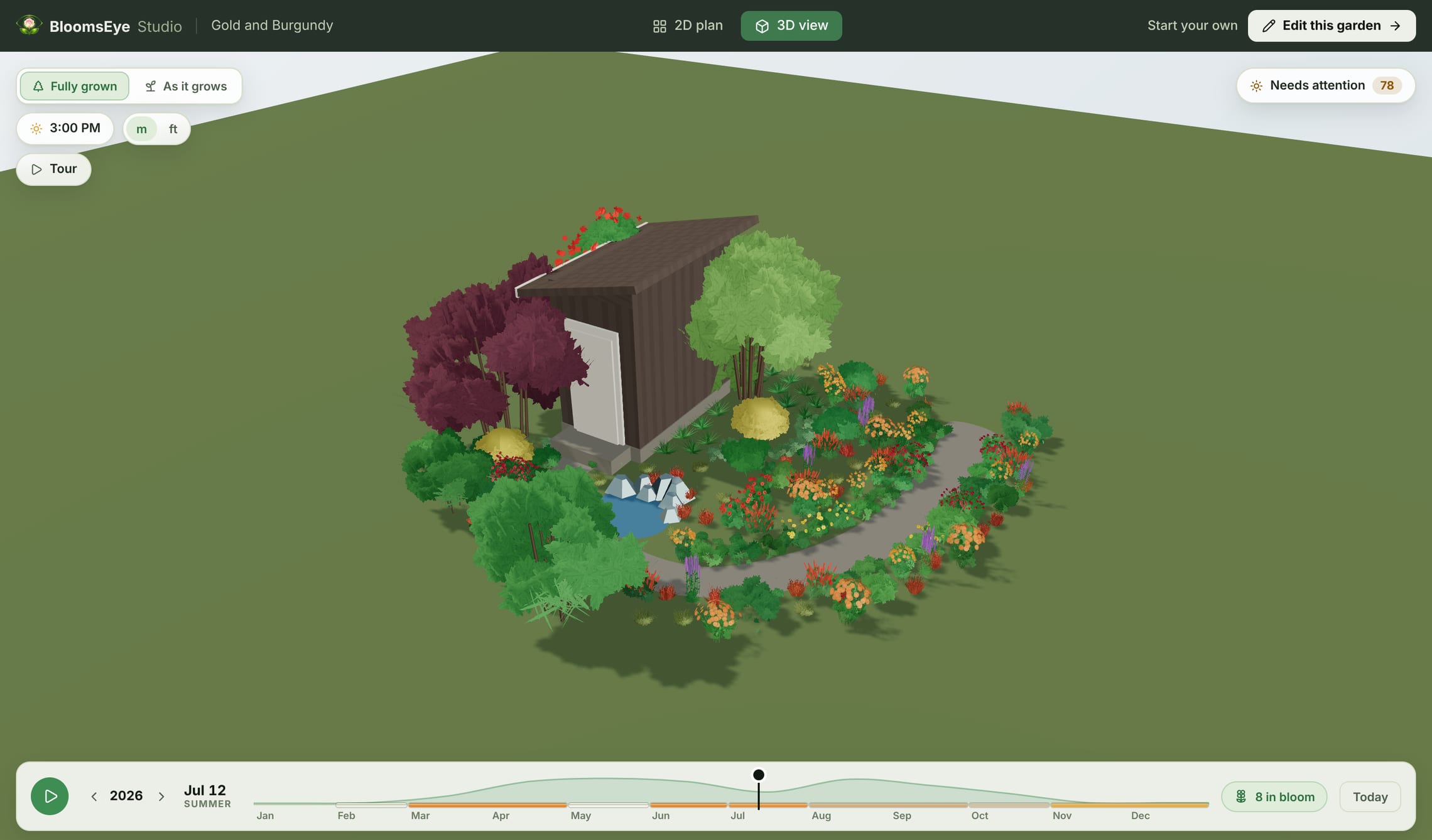 BloomsEye Studio in 3D: the Gold and Burgundy garden on July 12, a border of orange, red and purple perennials curving around a lawn beside a house, with the year scrubber along the bottom and the bloom count for the day