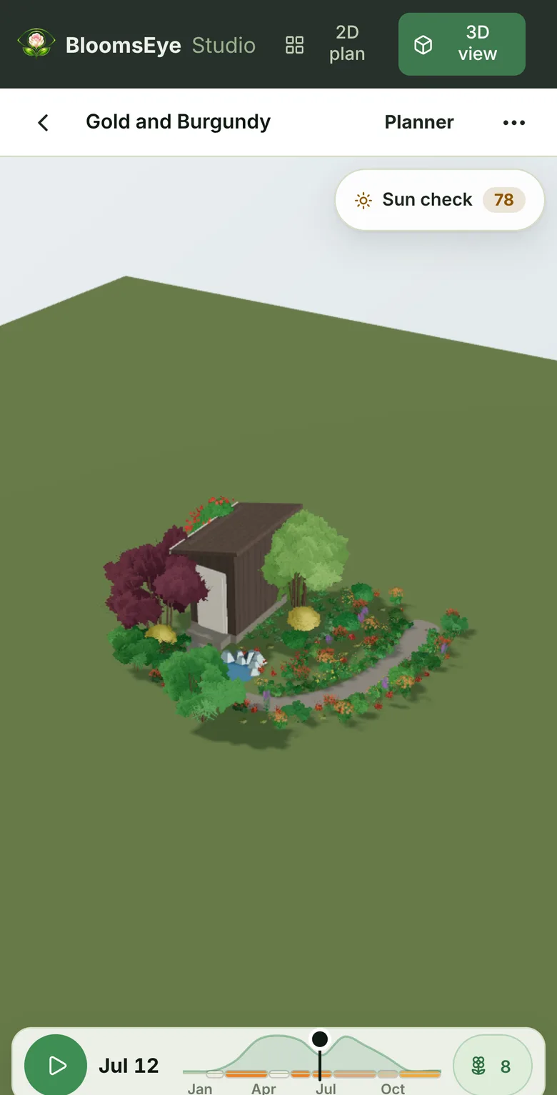 The Gold and Burgundy garden in 3D on a phone, with the year scrubber along the bottom