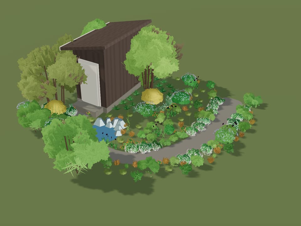The Gold and Burgundy garden in 3D in April: Fresh leaf and the first flowers, white and blue, low along the path.