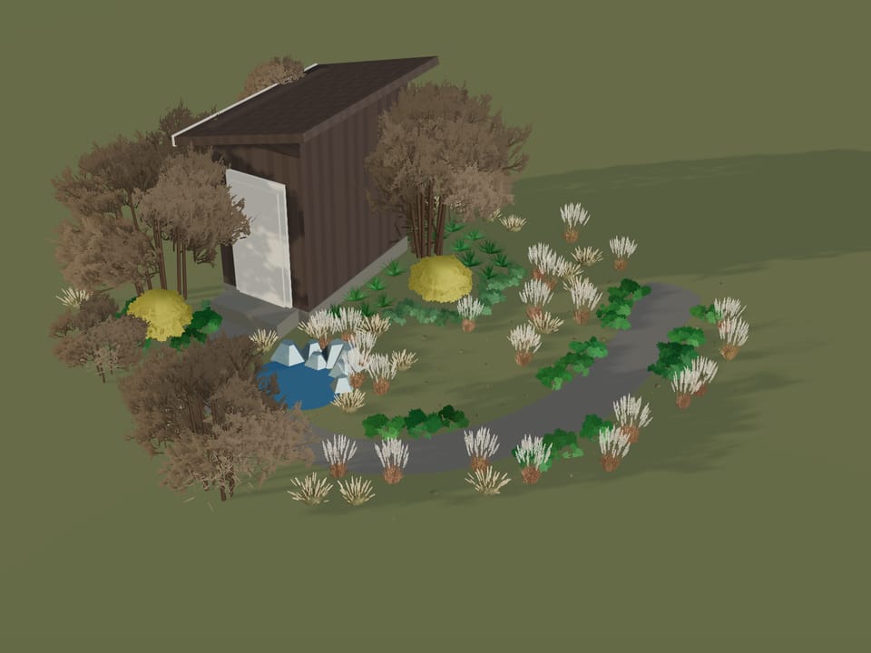 The Gold and Burgundy garden in 3D in January: Bare stems, the conifers and the grasses holding the shape.