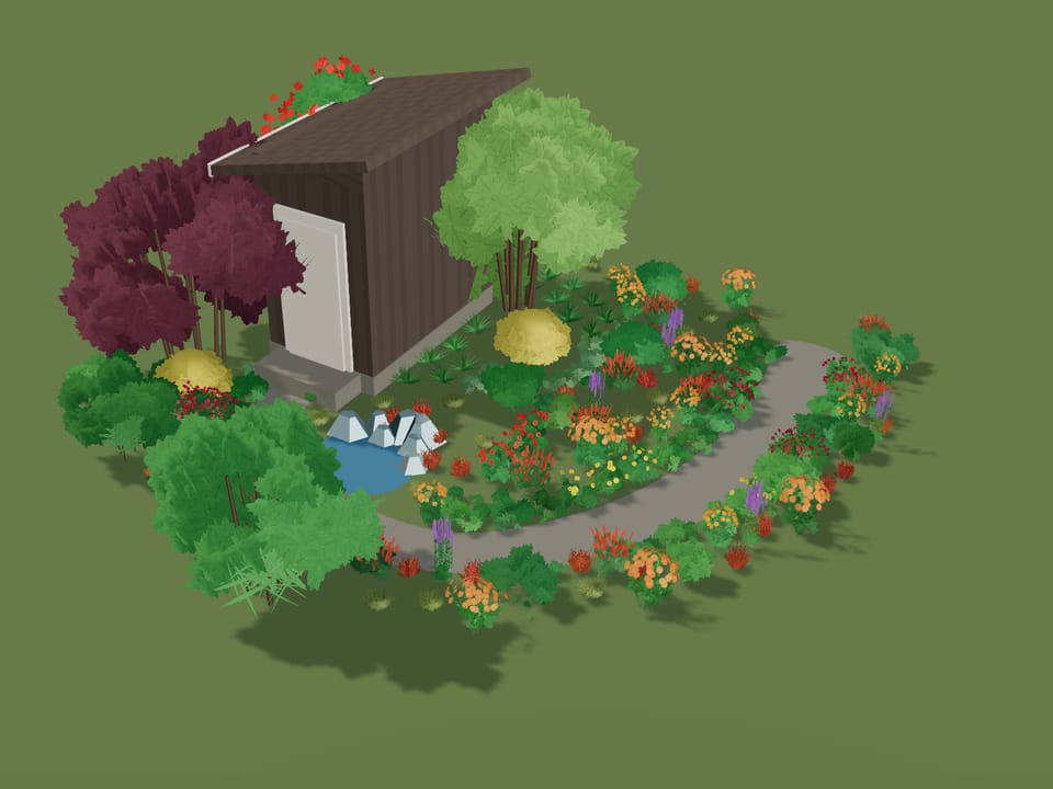 The Gold and Burgundy garden in 3D in July: Full growth, the border at its peak.