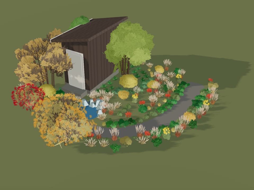The Gold and Burgundy garden in 3D in October: Fall color on the trees, seedheads on the grasses.